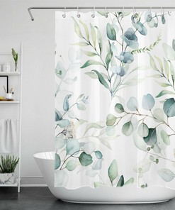 Eucalyptus Green Leaves Watercolor Palm Leaf Shower Curtain, Botanical Bathroom Decor