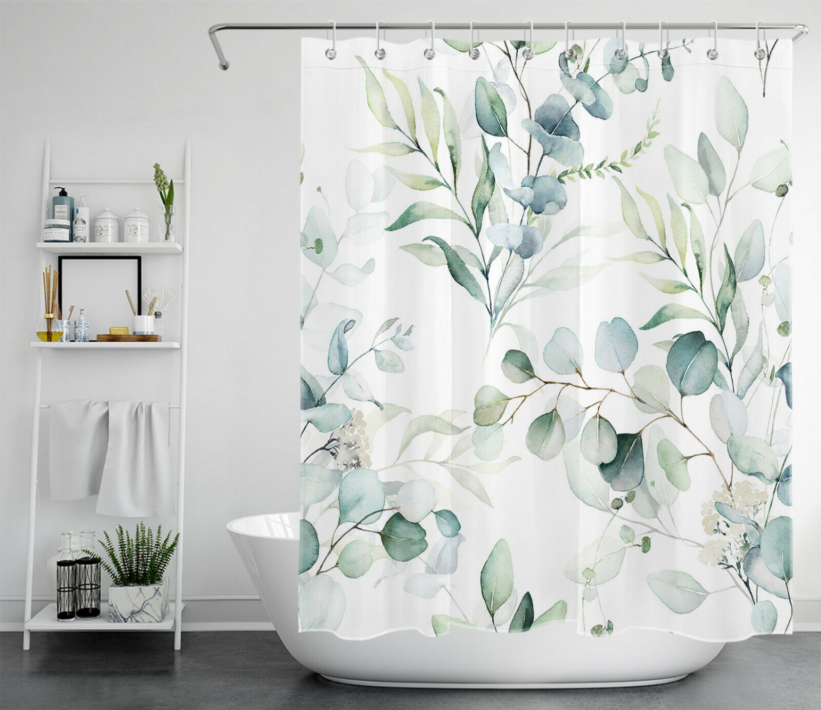 Eucalyptus Green Leaves Watercolor Palm Leaf Shower Curtain, Botanical Bathroom Decor