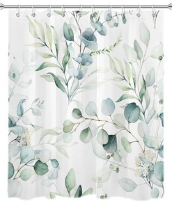 Eucalyptus Green Leaves Watercolor Palm Leaf Shower Curtain, Botanical Bathroom Decor