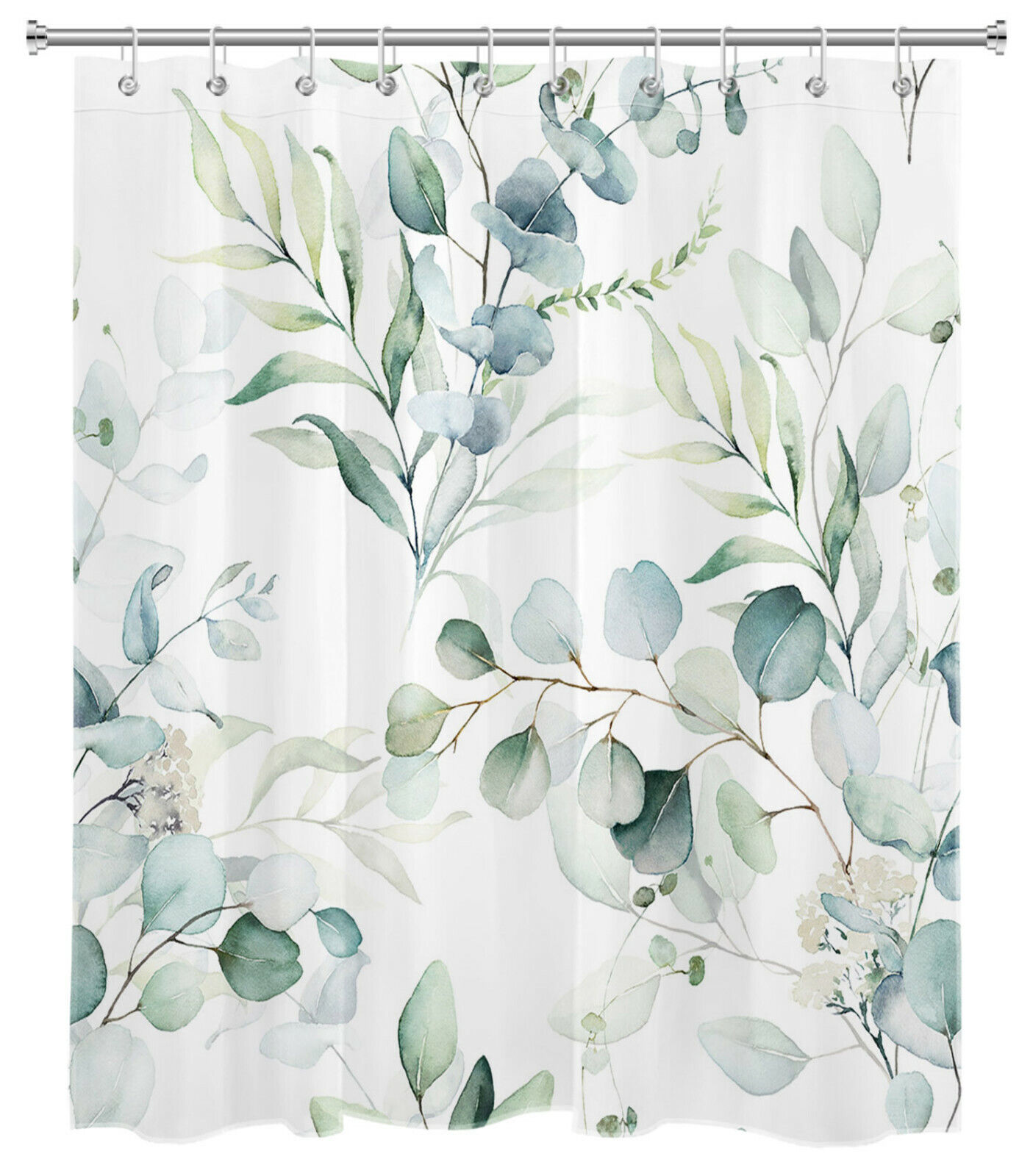 Eucalyptus Green Leaves Watercolor Palm Leaf Shower Curtain, Botanical Bathroom Decor