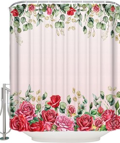 Eucalyptus Leaf And Rose Floral Plants Botanical Shower Curtain Fabric For Bathroom Showers And Bathtubs