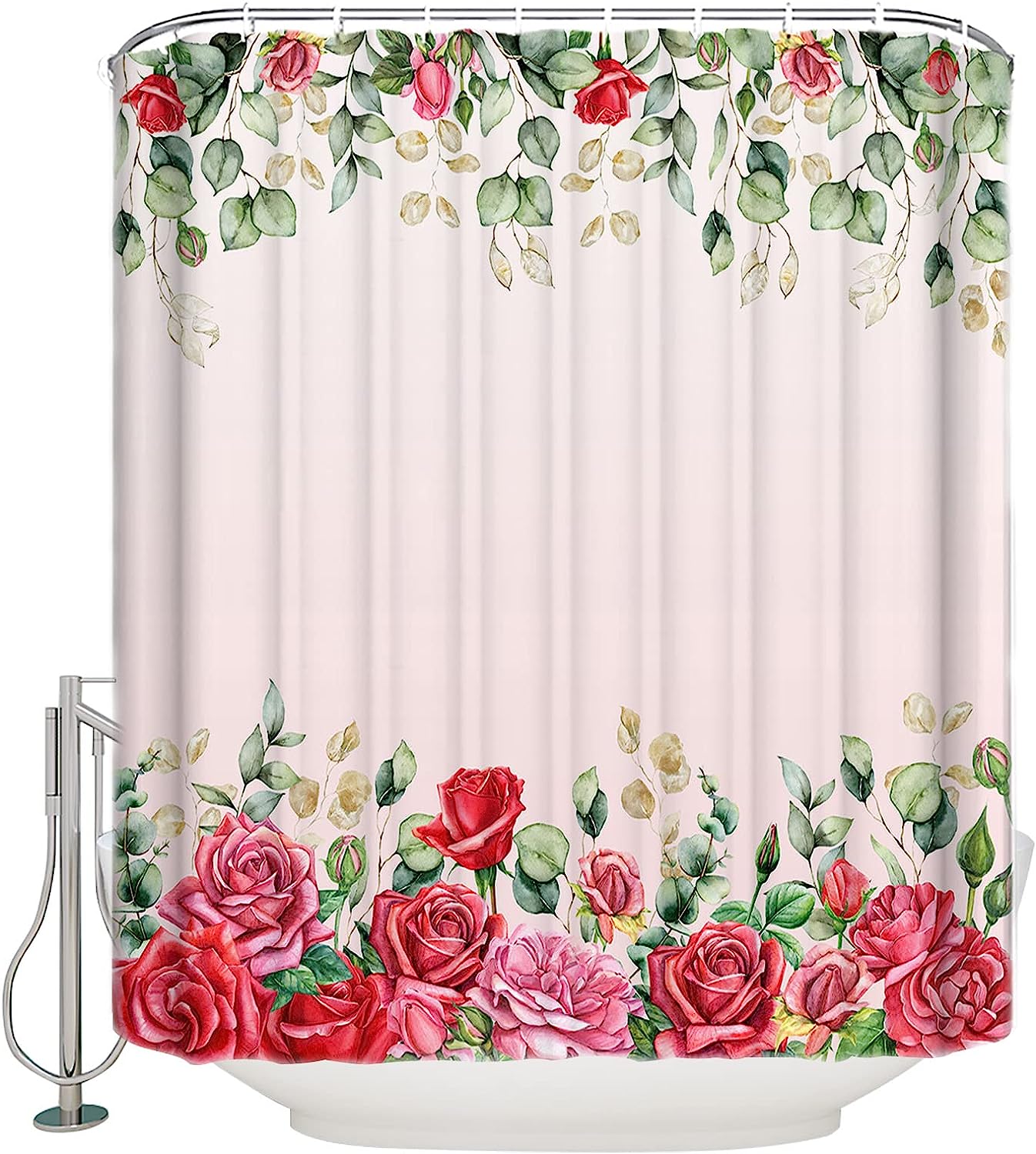 Eucalyptus Leaf And Rose Floral Plants Botanical Shower Curtain Fabric For Bathroom Showers And Bathtubs