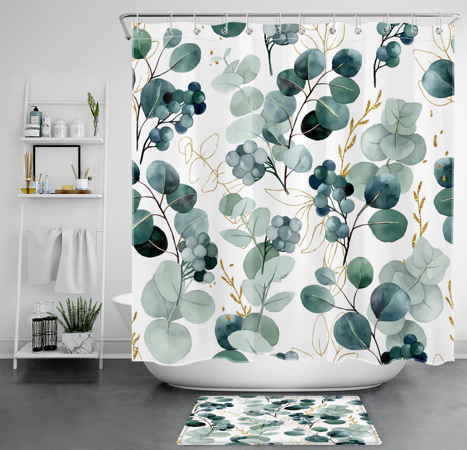 Eucalyptus Leaf Botanical Shower Curtain, Gold And Green Theme For Bathroom Decor