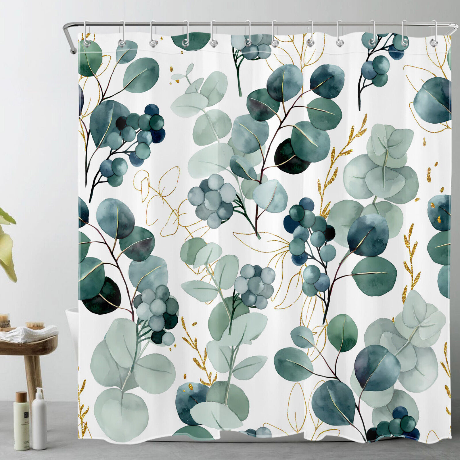 Eucalyptus Leaf Botanical Shower Curtain, Gold And Green Theme For Bathroom Decor