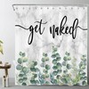 Eucalyptus Leaf Shower Curtain Set, Green Botanical Bathroom Decor, Grey And White Marble Design 