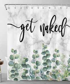 Eucalyptus Leaf Shower Curtain Set, Green Botanical Bathroom Decor, Grey And White Marble Design 