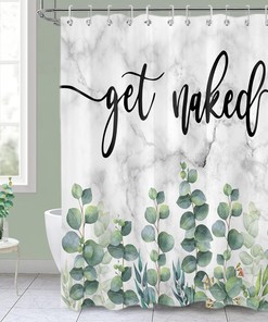 Eucalyptus Leaf Shower Curtain Set, Green Botanical Bathroom Decor, Grey And White Marble Design
