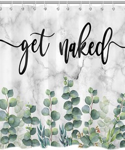 Eucalyptus Leaf Shower Curtain Set, Green Botanical Bathroom Decor, Grey And White Marble Design 