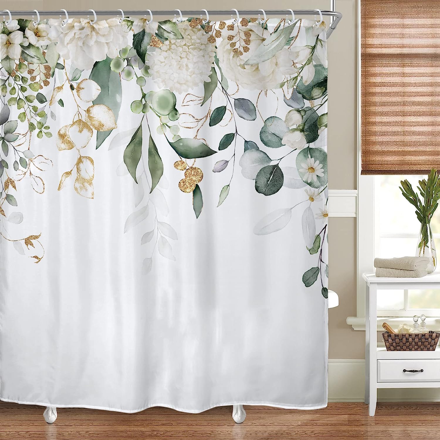 Eucalyptus Leaves Botanical Print Shower Curtain for Bathroom Decor by Riyidecor