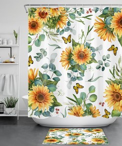 Eucalyptus Leaves Butterfly Sunflower Print Shower Curtain, Ideal for a Nature-Inspired Bathroom