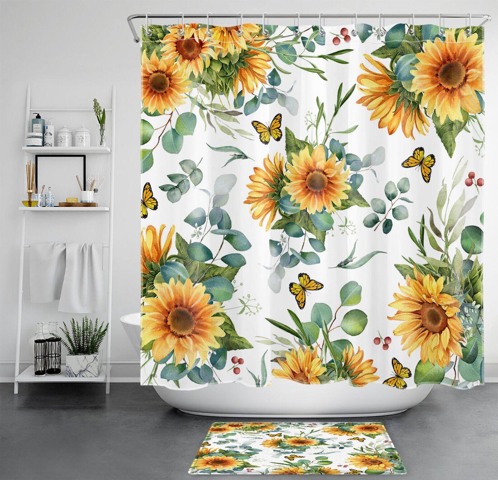 Eucalyptus Leaves Butterfly Sunflower Print Shower Curtain, Ideal for a Nature-Inspired Bathroom