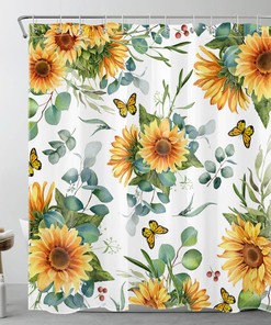 Eucalyptus Leaves Butterfly Sunflower Print Shower Curtain, Ideal for a Nature-Inspired Bathroom