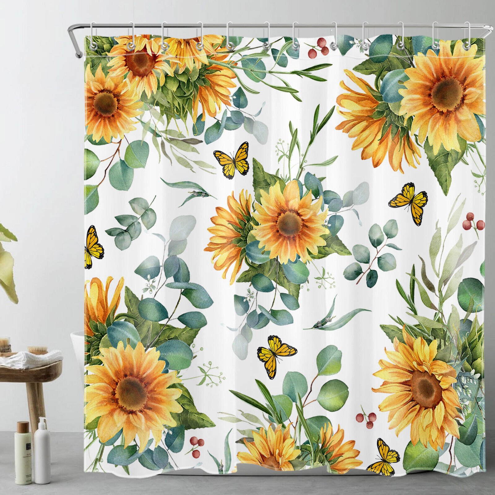 Eucalyptus Leaves Butterfly Sunflower Print Shower Curtain, Ideal for a Nature-Inspired Bathroom