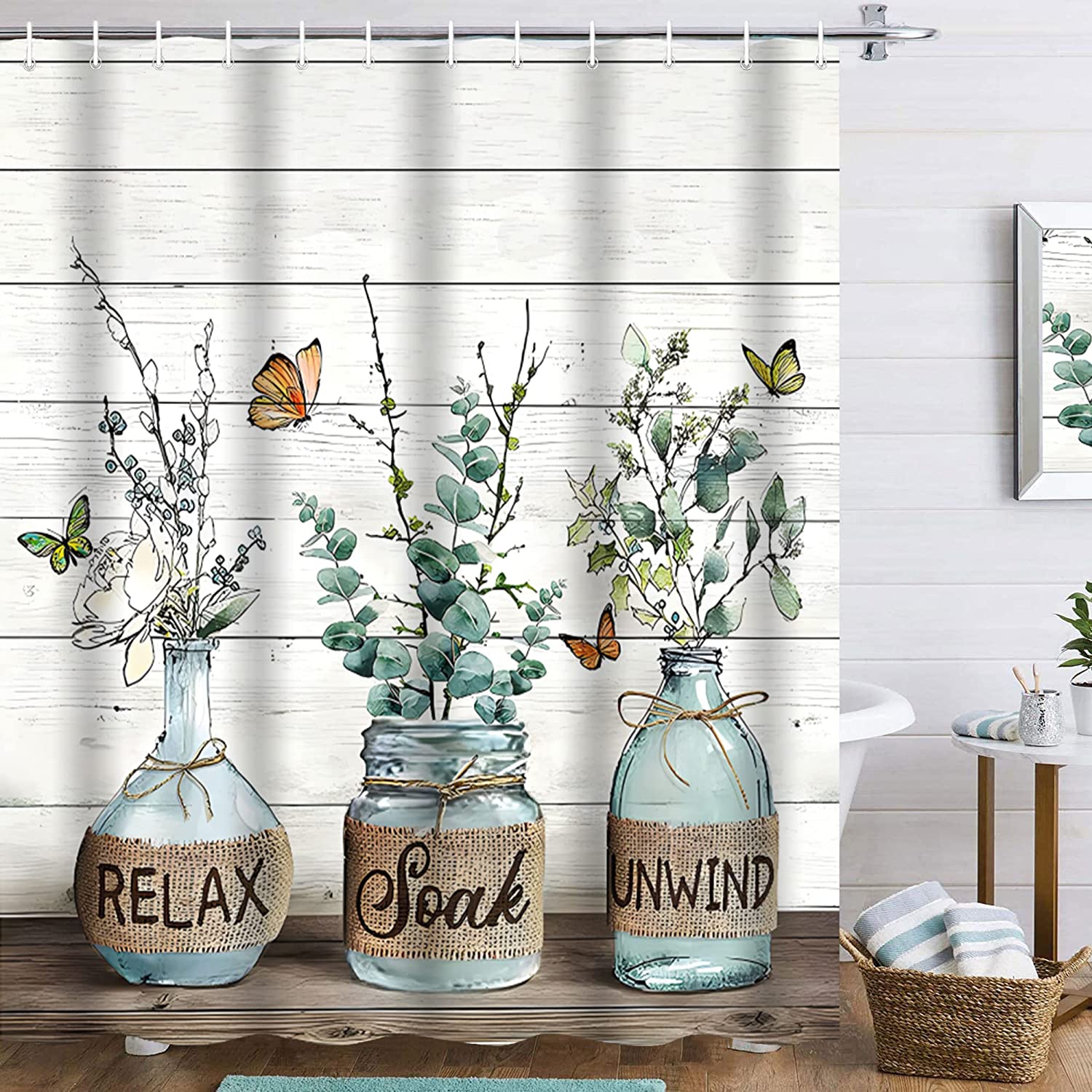 Eucalyptus Shower Curtain With Vintage Rustic Green Leaf And Barn Door Design - Add Some Serene Vibe To Your Bathroom