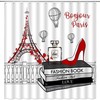 European City Landscape Paris Eiffel Tower Shower Curtain with Hot Air Balloons and Red High Heel Design