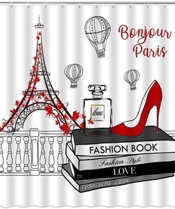 European City Landscape Paris Eiffel Tower Shower Curtain with Hot Air Balloons and Red High Heel Design