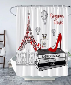 European City Landscape Paris Eiffel Tower Shower Curtain with Hot Air Balloons and Red High Heel Design