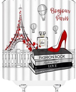 European City Landscape Paris Eiffel Tower Shower Curtain with Hot Air Balloons and Red High Heel Design