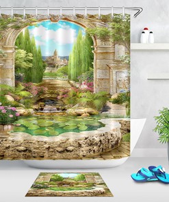 European Garden Arch Shower Curtain Bathroom Fabric Hooks In Ancient Style