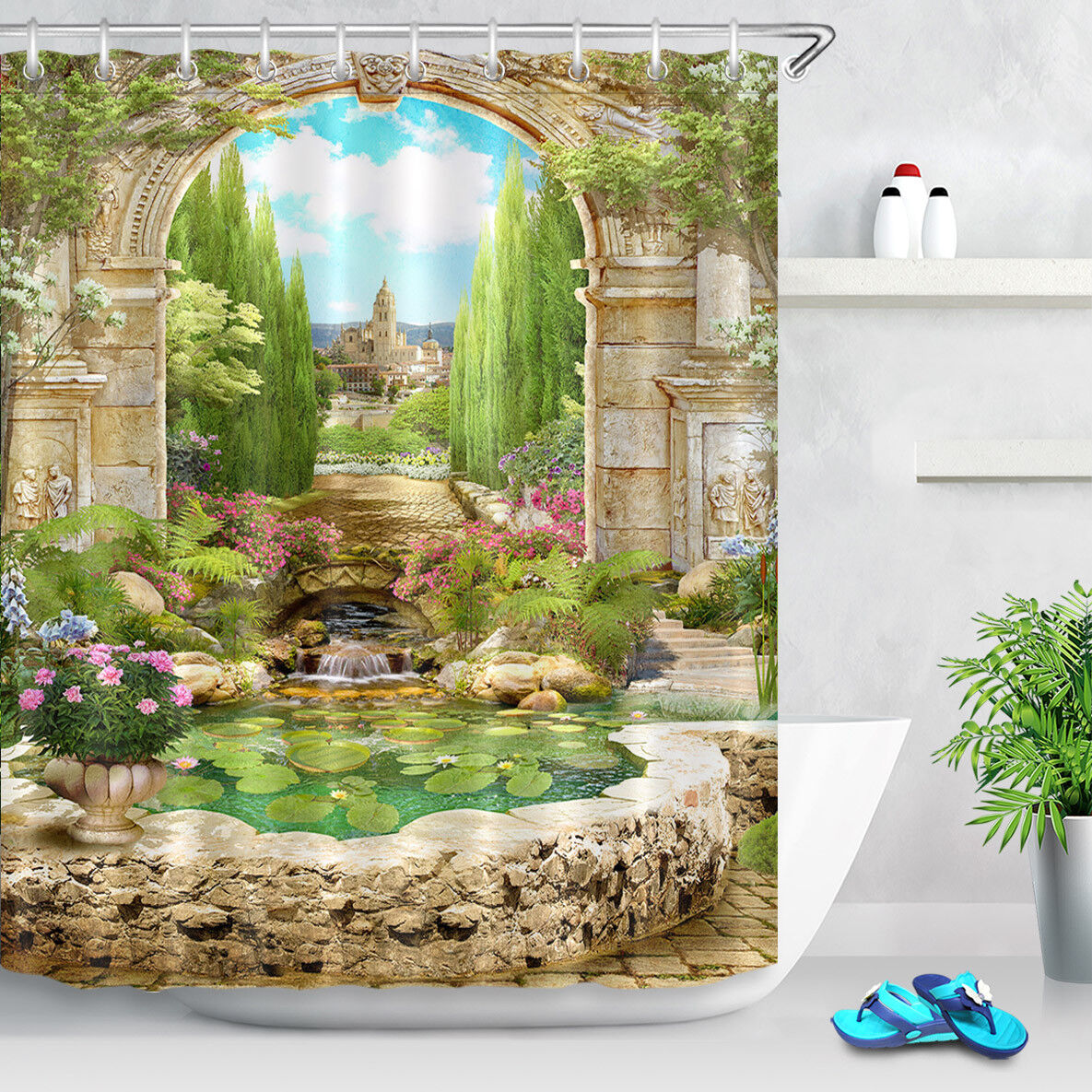 European Garden Arch Shower Curtain Bathroom Fabric Hooks In Ancient Style - Image 2