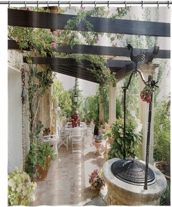 European Italian Town Scenery Shower Curtain with Garden and Flower Vines for Classic Bathroom Decor