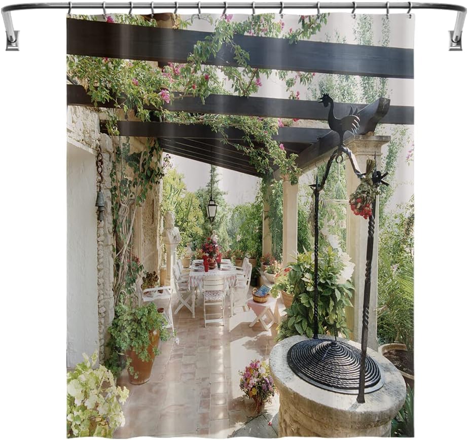 European Italian Town Scenery Shower Curtain with Garden and Flower Vines for Classic Bathroom Decor