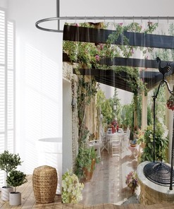 European Italian Town Scenery Shower Curtain with Garden and Flower Vines for Classic Bathroom Decor
