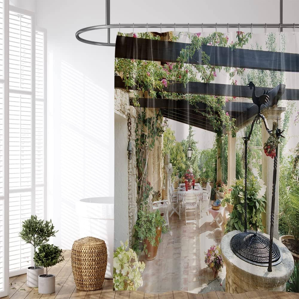 European Italian Town Scenery Shower Curtain with Garden and Flower Vines for Classic Bathroom Decor