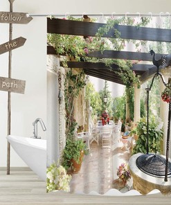 European Italian Town Scenery Shower Curtain with Garden and Flower Vines for Classic Bathroom Decor