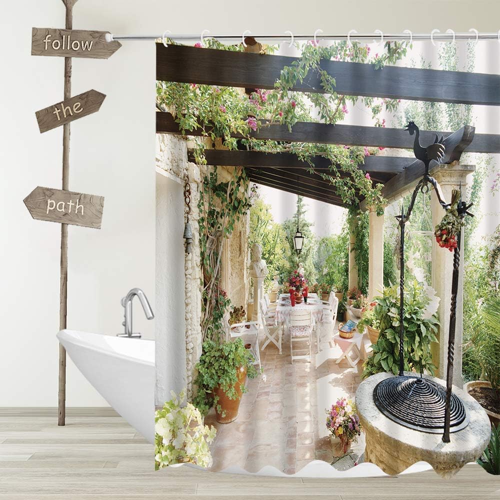 European Italian Town Scenery Shower Curtain with Garden and Flower Vines for Classic Bathroom Decor