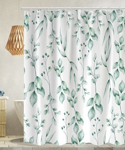 European Style Green Botanical Leaf Shower Curtain, Modern Waterproof Fabric Bathroom Decor