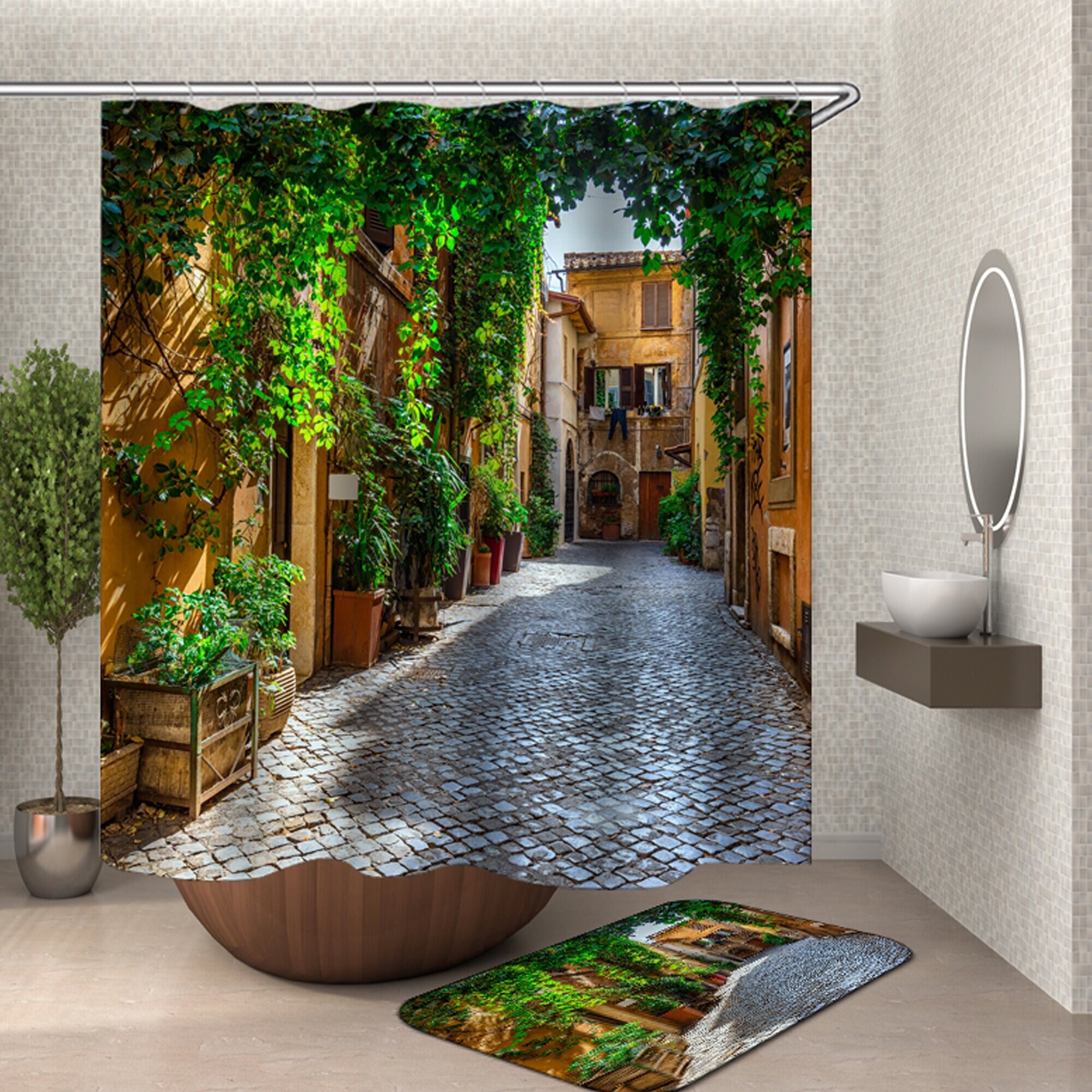 European Town Homestay Shower Curtain with Pastoral Style and Modern Garden Design for a Cozy Bathroom Decor