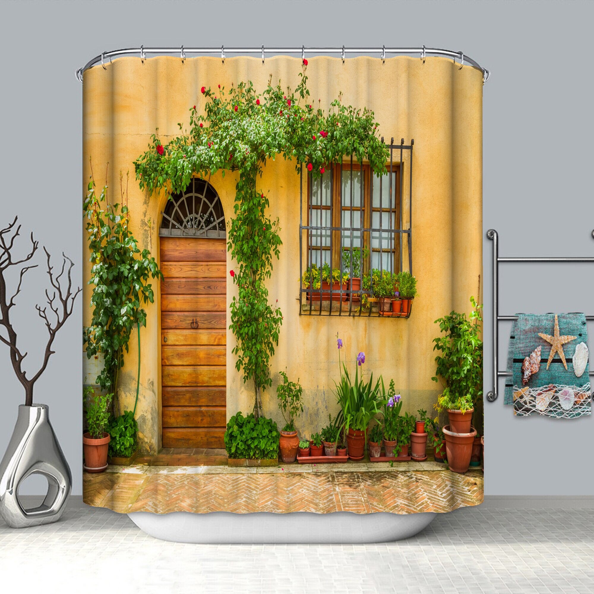 European Town Homestay Shower Curtain with Pastoral Style and Modern Garden Design for a Cozy Bathroom Decor