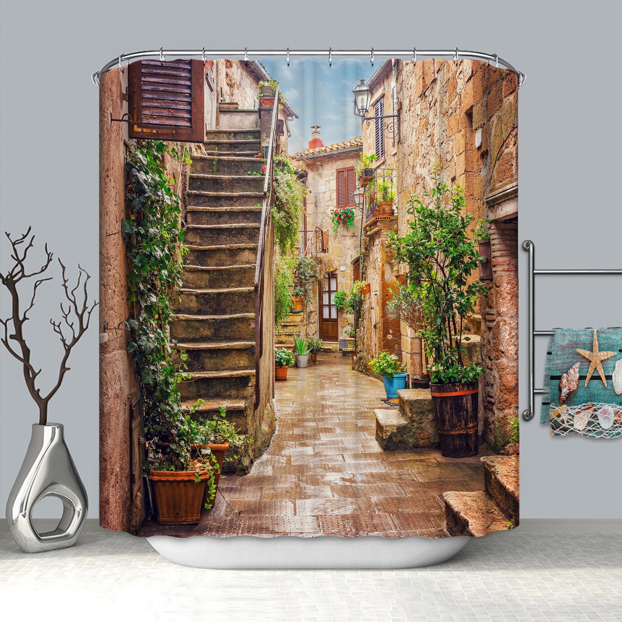 European Town Homestay Shower Curtain with Pastoral Style and Modern Garden Design for a Cozy Bathroom Decor