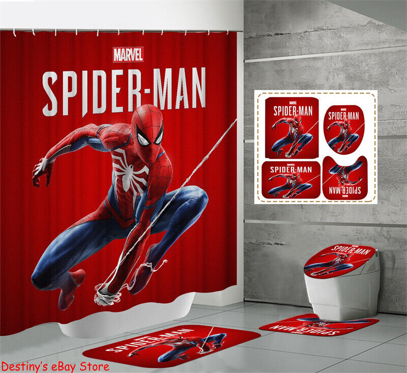Exciting Spiderman Bathroom Shower Curtain Foot Mat
