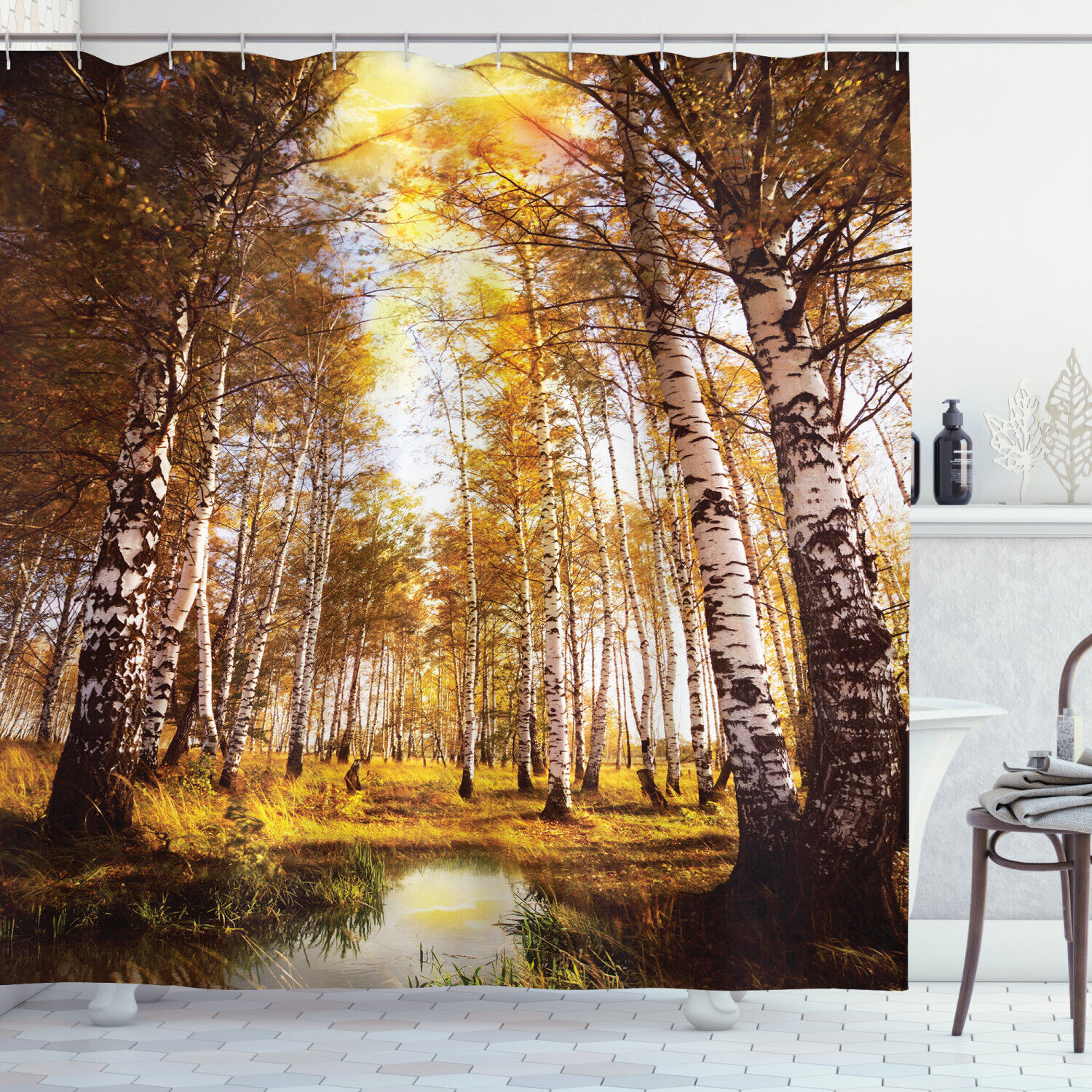 Exotic Birch Forest Jungle Shower Curtain in Autumn Scenery Orange