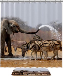 Exotic Elephant Zebras Giraffe Print Shower Curtain - Create A Safari Atmosphere
