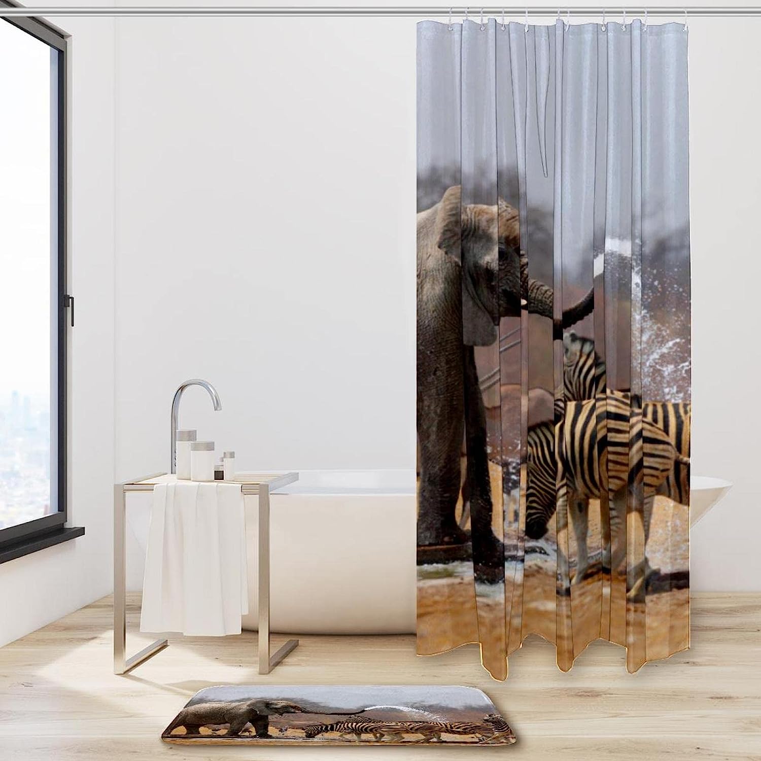 Exotic Elephant Zebras Giraffe Print Shower Curtain - Create A Safari Atmosphere - Image 2