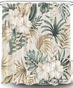 Exotic Flowers and Leaves Tropical Plant Fabric Shower Curtain for A Soothing Bathroom Decor