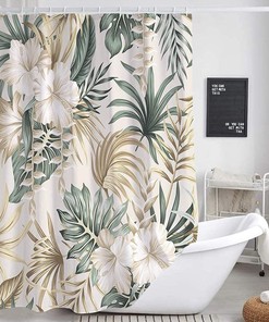 Exotic Flowers and Leaves Tropical Plant Fabric Shower Curtain for A Soothing Bathroom Decor