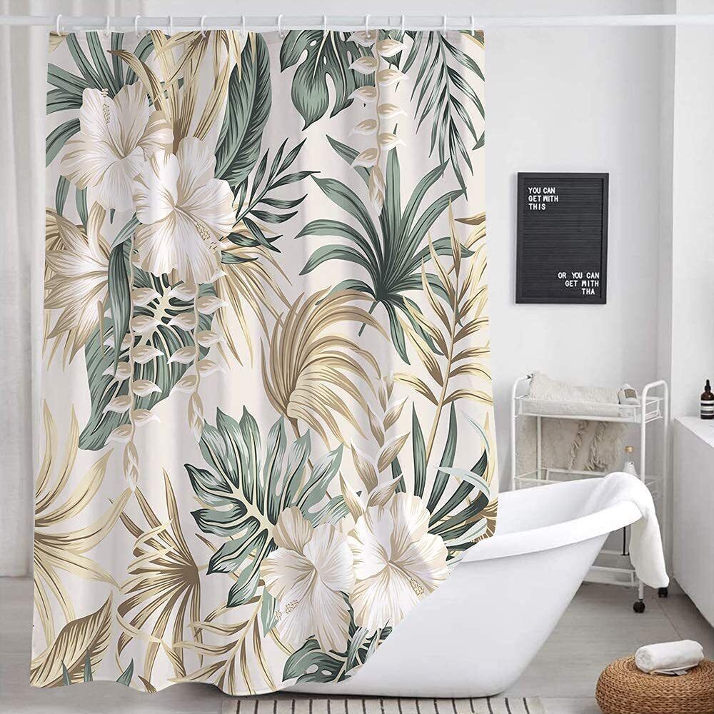 Exotic Flowers and Leaves Tropical Plant Fabric Shower Curtain for A Soothing Bathroom Decor
