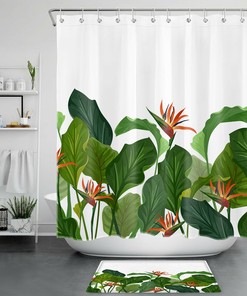 Exotic Green Banana Leaves Shower Curtain With Tropical Flowers For Bathrooms 