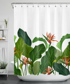 Exotic Green Banana Leaves Shower Curtain With Tropical Flowers For Bathrooms