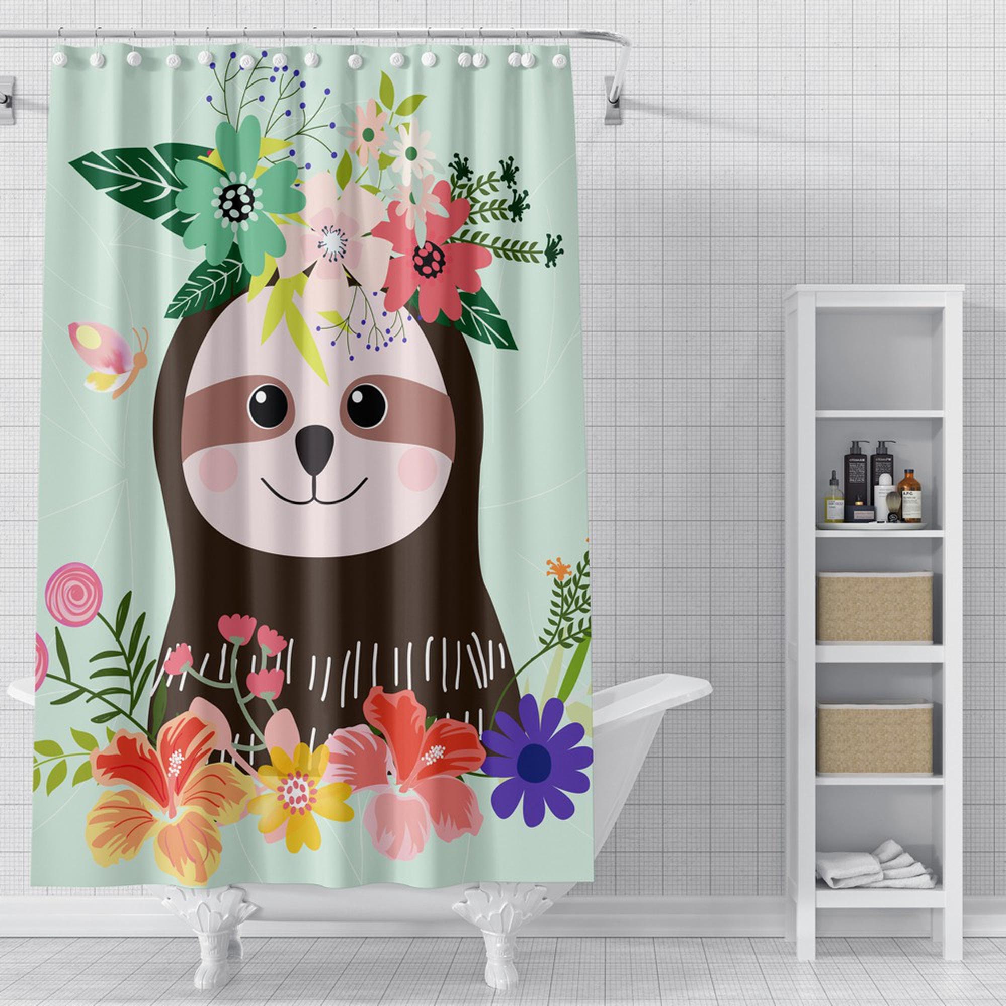 Exotic Hibiscus Sloth Shower Curtain For Jungle-Inspired Bathroom Decor