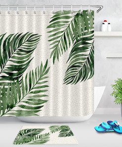 Exotic Mosaic Tiles Shower Curtain with Tropical Palm Leaves Print