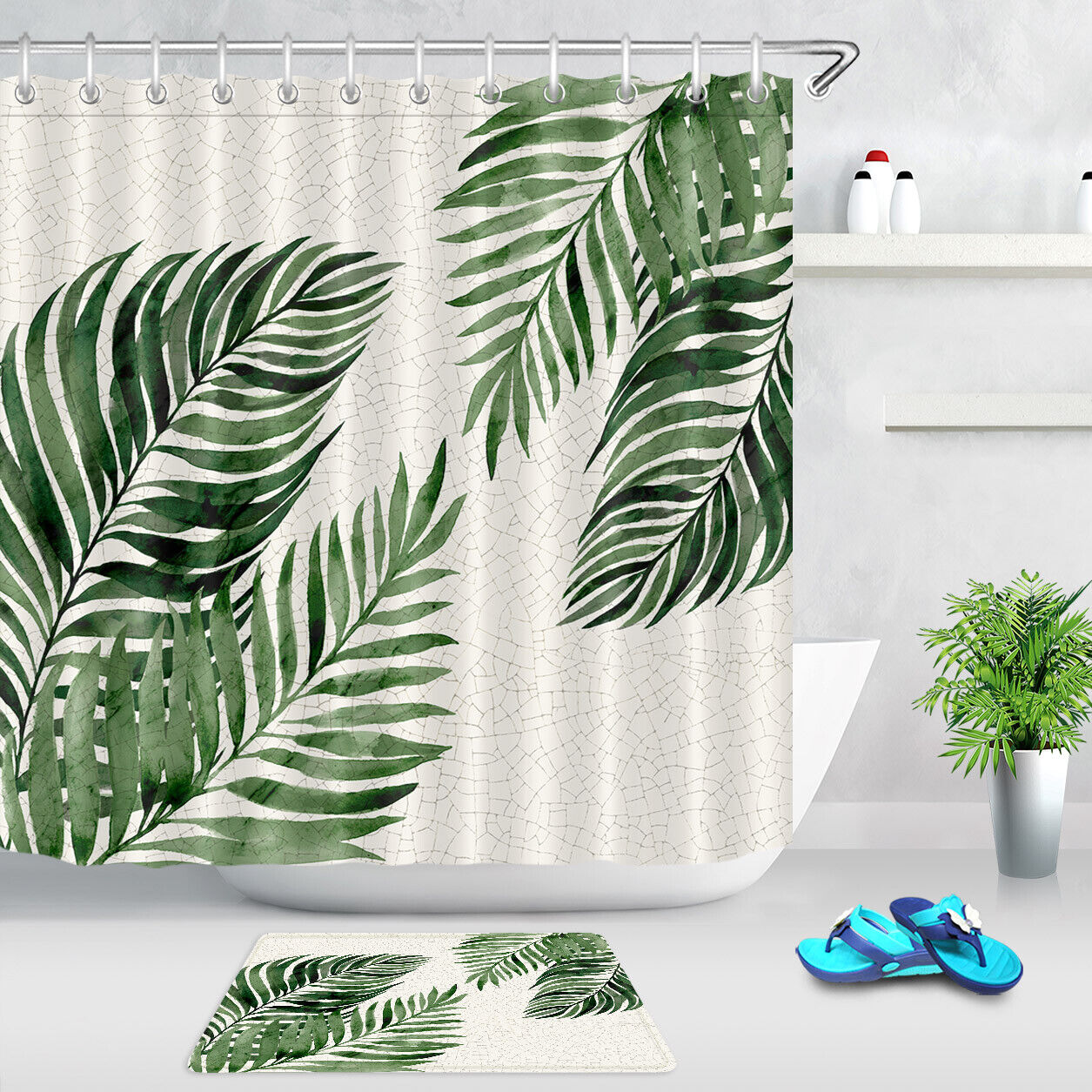 Exotic Mosaic Tiles Shower Curtain with Tropical Palm Leaves Print