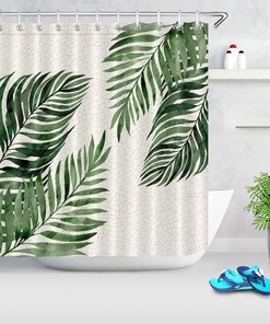 Exotic Mosaic Tiles Shower Curtain with Tropical Palm Leaves Print