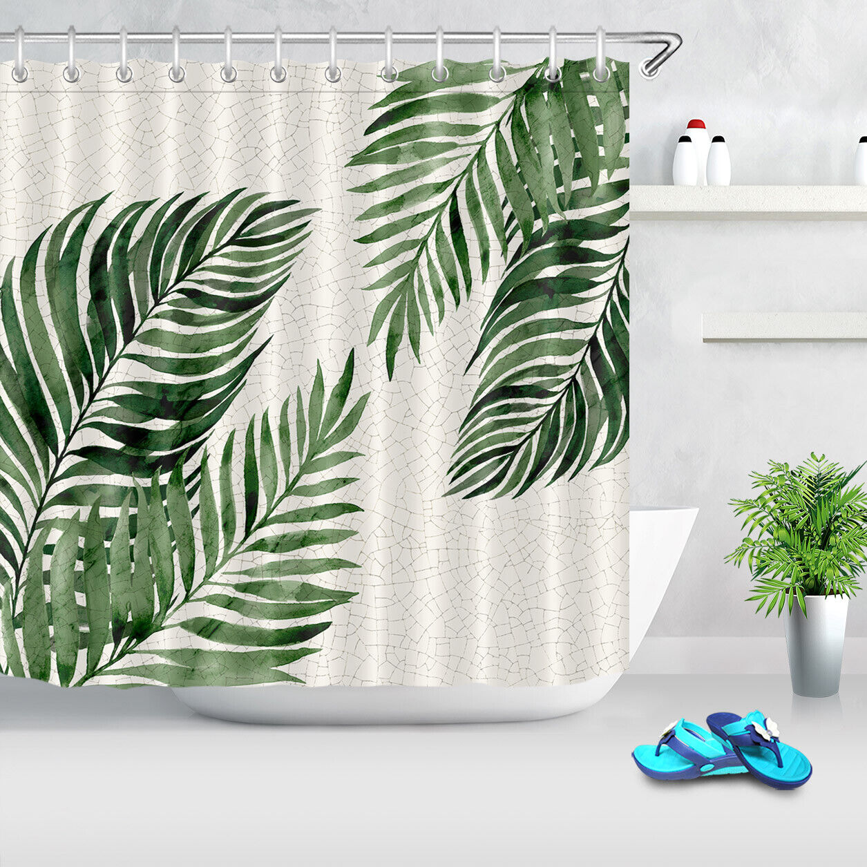 Exotic Mosaic Tiles Shower Curtain with Tropical Palm Leaves Print