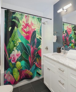 Exotic Shower Curtain with Tropical Flowers and Weeping Green Leaves