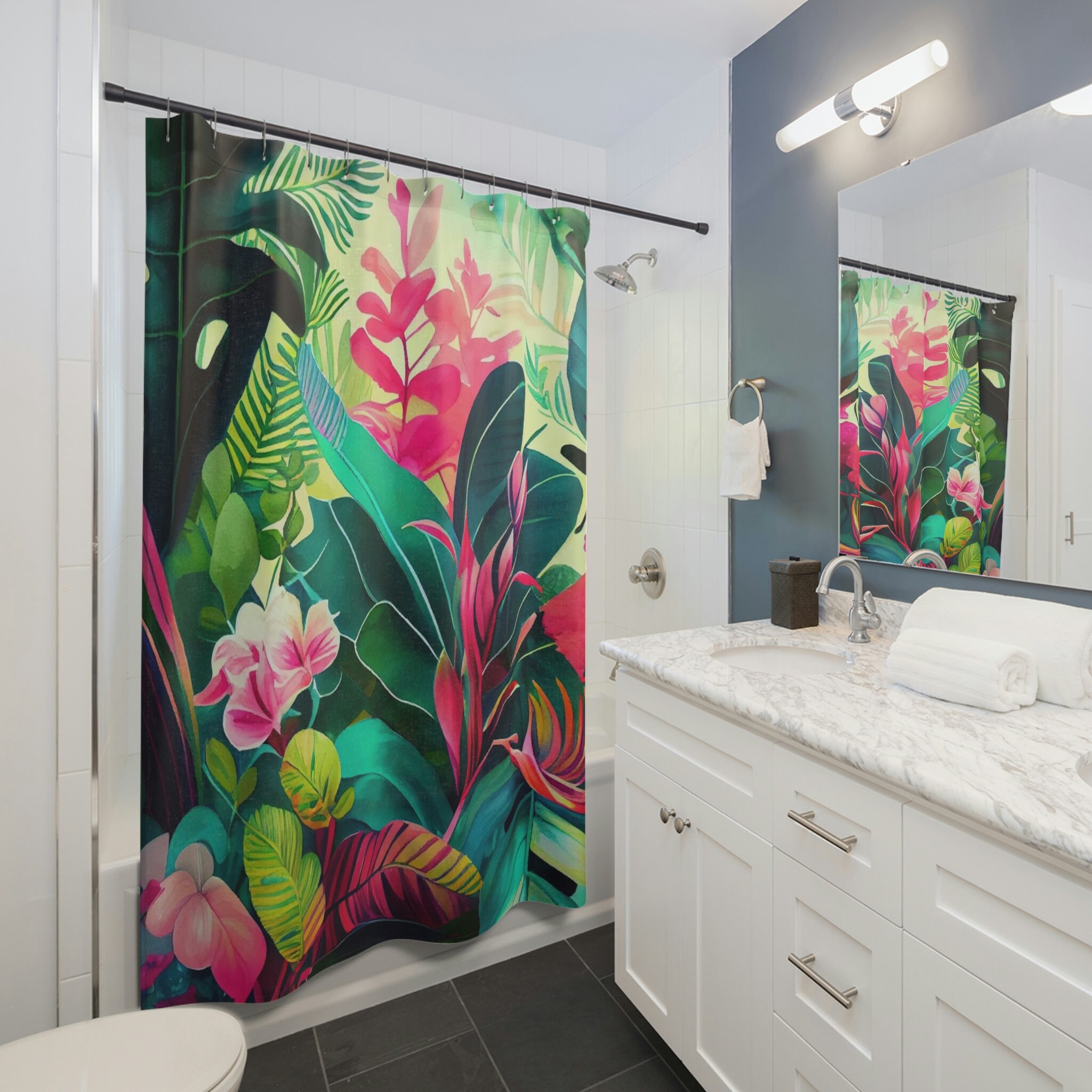Exotic Shower Curtain with Tropical Flowers and Weeping Green Leaves